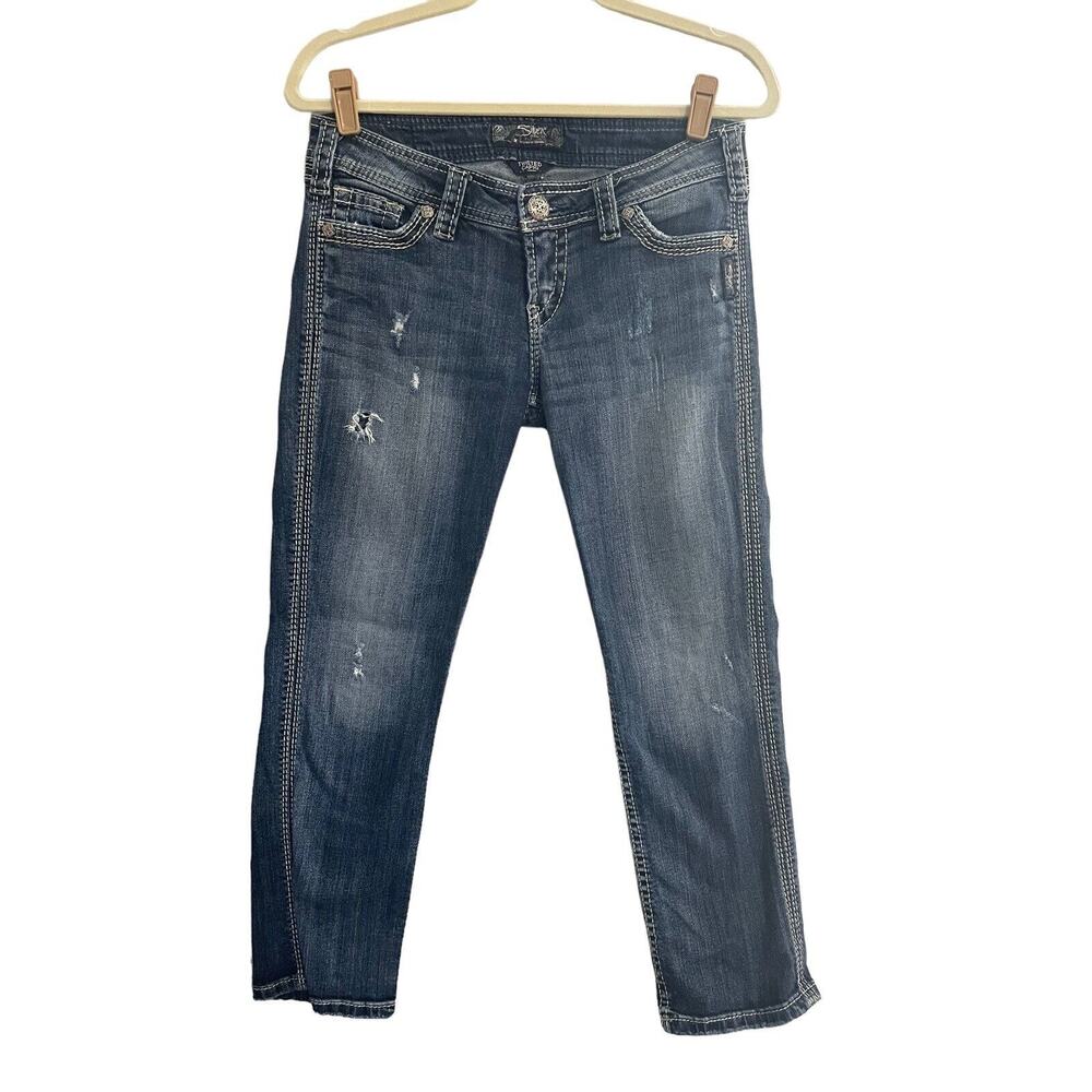 Silver Jeans Twisted Capri Crop Womens 27 Blue Stretch Jeans Distressed #6817
